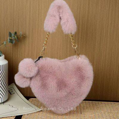 023Plush bag Heart Shape Women's handbag Fashion Fur bag Soft work kids shoulder bag