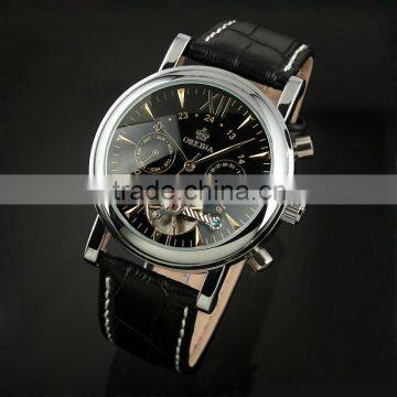 Men's Black Tourbillon Leather Band Automatic Wrist Watch WM306