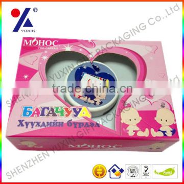 Hot sale!!!! customized heart shaped window cosmetic box in top and base box style with transparent window ,and plastic tray