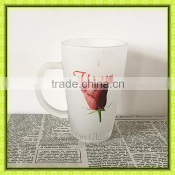 Rose flower printed frosted water glass mug with handle for promotion gift