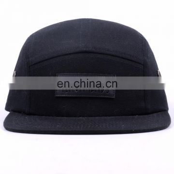 Black cotton leather patch strapback hats wholesale 5 panel cap