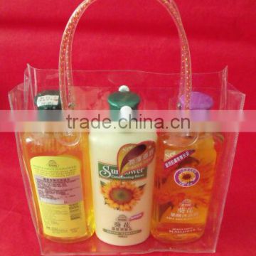 Customized clear pvc bag with button with handle /customized pvc bag with button/ pvc plastic bag for shampoo