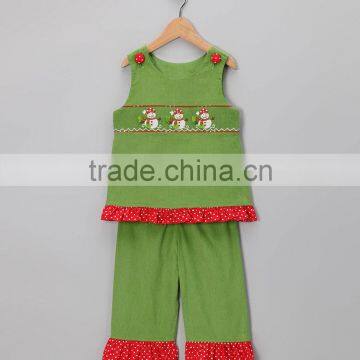 Green Smocked Snowman Top & Pants Set