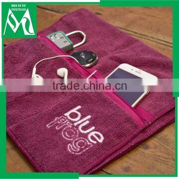 Custom cotton gym towel with zipper for camping/excercise/hiking