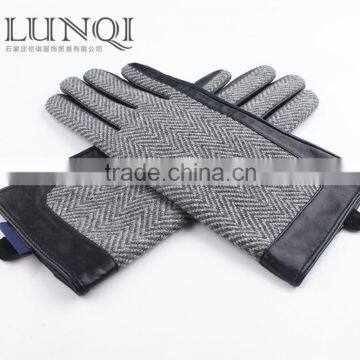Hot sale gray touch screen sheepskin leather gloves with plaid cloth for women