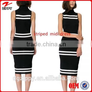 2015 black and white stripes midi dress ribbed neck line fashion woman dress