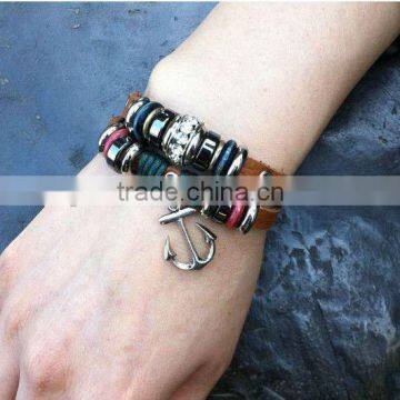 cheap simple ladies genuine leather beads bracelets with anchor metal drop