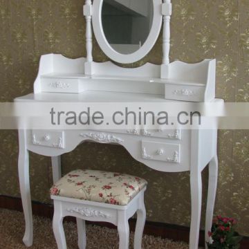 Hot sell NC paint good finishing MDF white mirrored vanity dressing table with stool