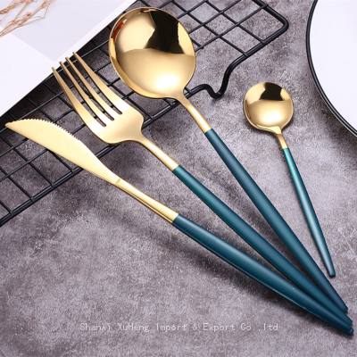 Wholesale Matte Gold Cutlery Knife Fork And Coffee Tea Spoon With Green Handle