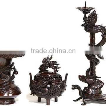 Luxury wholesale metal vases , incense burner and candlestick set Dragon and bamboo design made in Japan with long-lasting