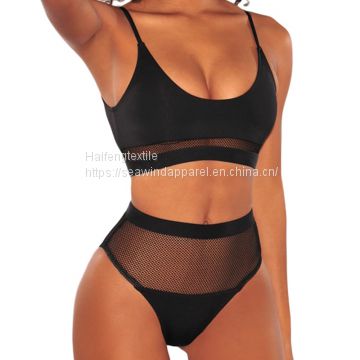 2019 New Black Fishnet Mesh High Waist Shoulder Strap Bikini Sexy Swimwear