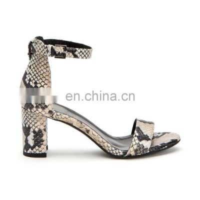 ladies new design high block heels snake printed sandal shoes with an ankle strap on covered heel (platform can be added)