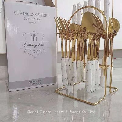 24pcs Gold Flatware Set Marble Ceramic Handle Cutlery Set Stainless Steel Spoon Fork Knife for Gift