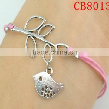 CB8013 Handmade weave jewelry hot selling pink peace bird leaf bracelet