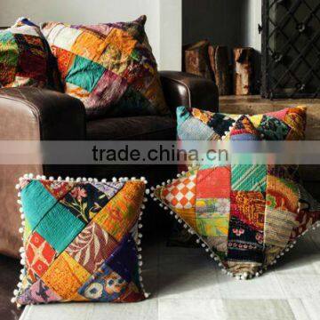 Handmade vintage kantha patchwork cushion covers-Indian old saree patchwork cushion cover