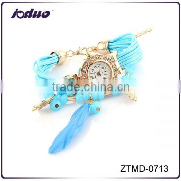 Fashion Women Bead Bracelet Feather Quartz Watch Wholesale