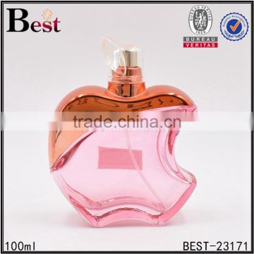 alibaba china special design cosmetic 100ml apple shape glass perfume bottle translucent pink bottle glass with aluminum spray