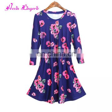 Factory Price Newest Ladies Flower O Neck Long Knee Length Dress