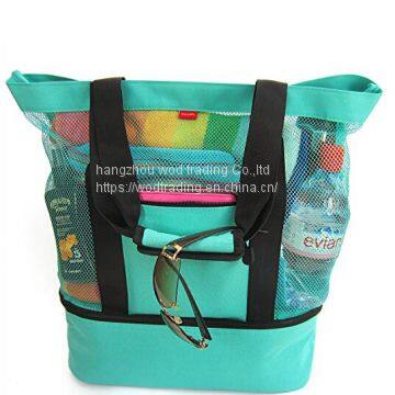 Mesh beach tote bag with zipper tote and insulated picnic cooler bag