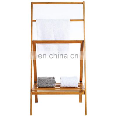 Healthy Towel Rack 3-Bar Free Standing Bathroom Bamboo Towel Stand Holder Organizer with Shelf Collapsible