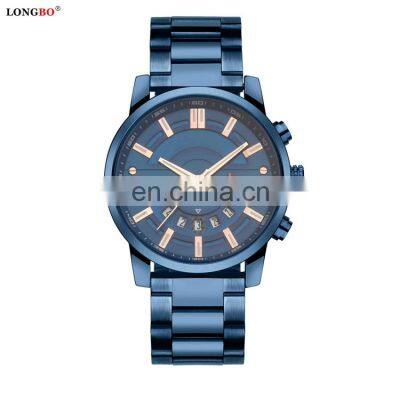 LONGBO 80638 Men Custom Logo Fashion Watch Mens Stainless Steel Metal Strap Quartz Blue Face Watch For Man