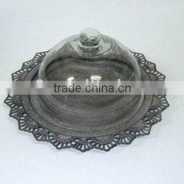 100061F-1- Antique Grey Metal and Glass Dome Holder