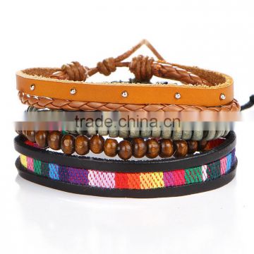 Free shipping women's wood bead jewelry weave mens leather bracelet