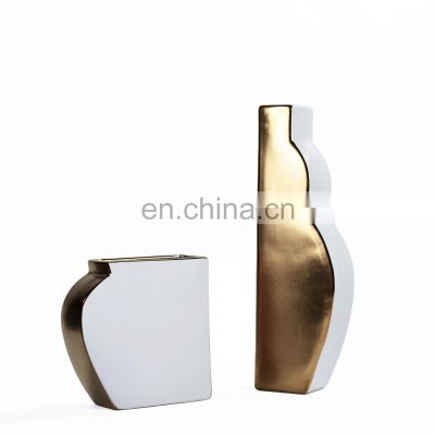 European Style Luxury Creative  White With  Golden Ceramic Porcelain  Vase For Home Decoration