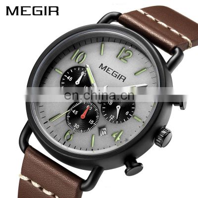 MEGIR 2158 Mens Quartz Watch Chronograph Luminous Sports Wristwatch Leather Strap Waterproof Man Watch Brand