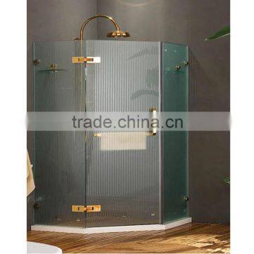 Manufacture foshan pattern glass shower room with glass shelf 3 sides panel obscured glass gold hexagon standard size room