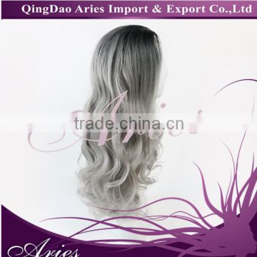 2015 Ladies Front lace Wigs Curly Long Wavy hair ombre black grey wig