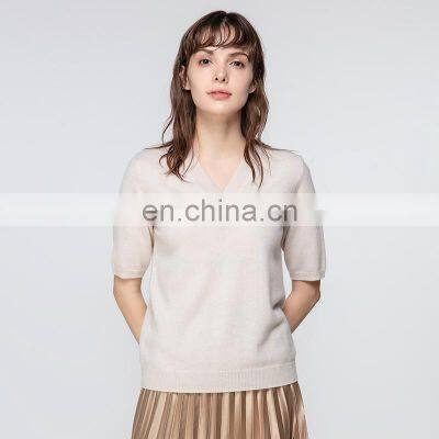 Women Spring Short Sleeve V Neck Cashmere Pullover Shirt