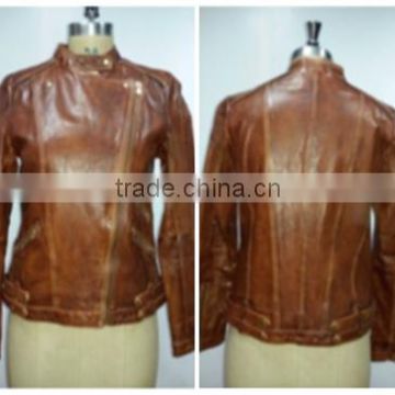 Goat Leather Jacket Made Through Garment Dyed Treatment. Color Dark Cognac