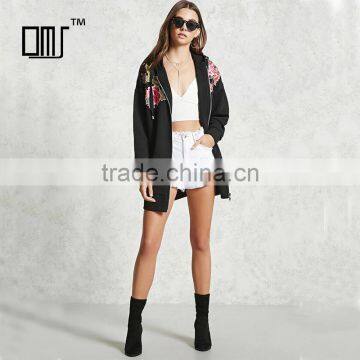 High quality windproof blcak embroidered floral hoodie womens long jackets