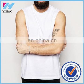 Yihao Men White 100%cotton Sleeveless T-Shirt With Extreme Dropped Armhole fitness Gym singlet vest custom in China 2015