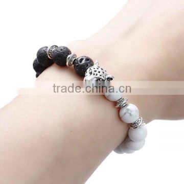 New Fashion Stone Beads Antique Silver Leopard Head Elastic Lava Beaded Healing Bracelet