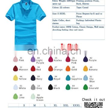 100% cotton High Quality Customized Logo Printed Blank 220 grams Casual polo tee shirt color