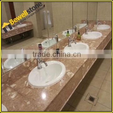 Flat polished yellow sea shell stone vanity tops for hotel bathroom, cream marble vanity tops with mulit porcelain sink
