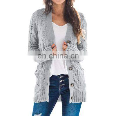 Women Solid Color Casual Cable Knit Cardigan Sweaters Jacket with Button