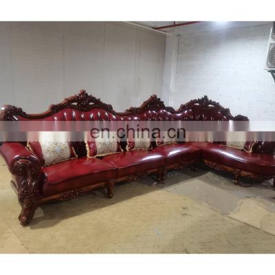 European Italian style luxury solid wood genuine leather living room chaise longue sofa set furniture