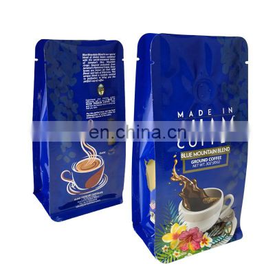 Wholesale stand up quad seal aluminum foil bag custom printed flat bottom packaging valve bag for ground coffee