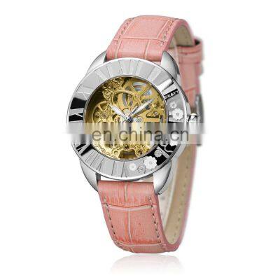 Private Label Automatic Skeleton Watch Genuine Leather strap Ladies Automatic Watch Woman