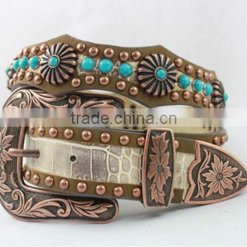 2016 best seller western scallop rhinestone leather belt with turquoise conchos
