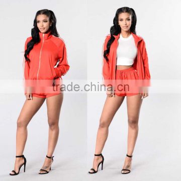 Export Clothes 100% Polyester Ribbed Hemline Sporty Stripe Sleeves Zip Up Sports Jacket With Shorts Suits