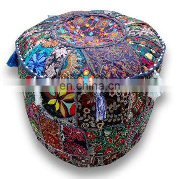 Round Patchwork Embroidered Multi Ottoman Pouf Bohemian Indian Decorative Pouf Cover