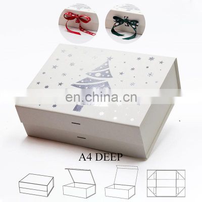 Luxury A4 deep custom color rigid cardboard Christmas eve gift packaging basket box with ribbon