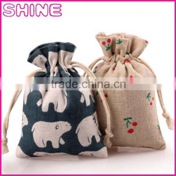 Welcome customized print logo linen fibric gift jewelry bag,small giveaway drawstring bear linen present bag