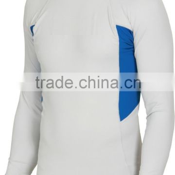 92% Polyester 8% Spandex (Lycra) Crew Neck Long Lunar White Compression Shirt / Rash Guard with Blue Side Panels