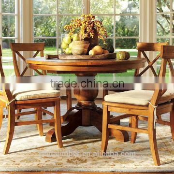 french rustic solid wood dining table with fabric chairs