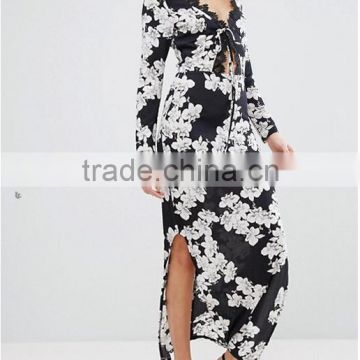 Spring New Women Black Floral Print Chiffon Dress Long Sleeved Long Maxi Dress